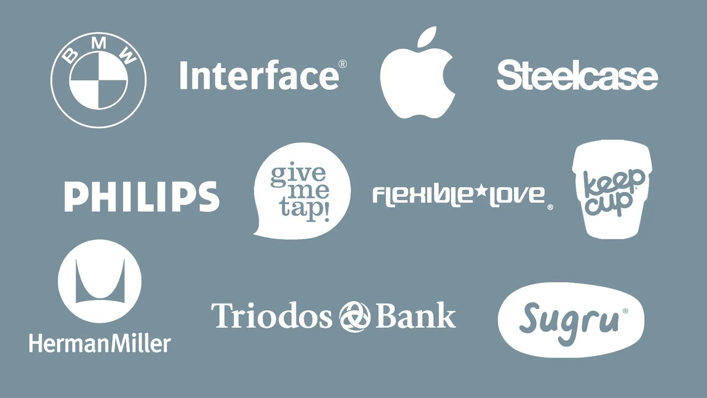 brand logos - BMW, Interface, Steelcase, Philips, Give me Tap, Flexible Love, Keep Cup, Herman Miller, Tridos Bank, Sugru